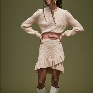 NWT Anthropologie Flat White Ivory Ruffled Sweater Mini Dress - size large